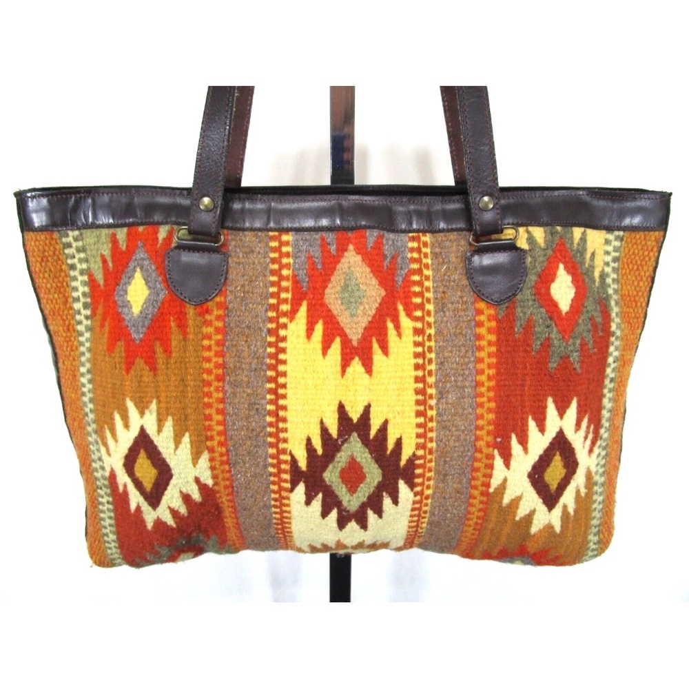 Large Southwestern Aztec Wool & Leather Shoulder Tote Handbag - Picture 8 of 11
